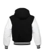 Back side view of Black and White Varsity Jacket showcasing the clean design with quilted lining, highlighting the contrast between black wool and crisp white leather sleeves.
