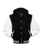 Front view of Black and White Varsity Jacket featuring a hoodie collar, black wool body, and contrasting white leather sleeves.