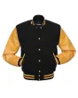 Black Wool American Varsity Jacket with Gold Vinyl Sleeves - Front View