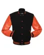 Black Wool American Varsity Jacket with Orange Vinyl Sleeves - Front View