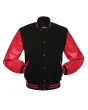 Black Wool American Varsity Jacket with Red Vinyl Sleeves - Front View