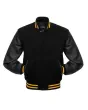 Black Wool Body American Varsity Jacket with Black Leather Sleeves - Front View