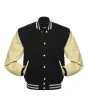 Black Wool Body American Varsity Jacket with Cream Leather Sleeves - Front View