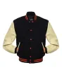 Black Wool Body American Varsity Jacket with Cream Leather Sleeves - Front View