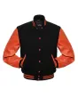Black Wool Body American Varsity Jacket with Orange Leather Sleeves - Front View