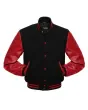 Black Wool Body American Varsity Jacket with Red Leather Sleeves - Front View