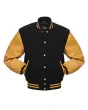 Black Wool and Gold Cowhide Leather American Varsity Jacket - Front View