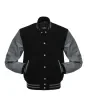 Black Wool and Grey Cowhide Leather American Varsity Jacket - Front View
