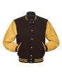 Brown Wool Body American Varsity Jacket with Gold Leather Sleeves - Front View