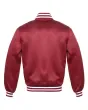 Cardinal Striped Satin Bomber Jacket: Back view displaying the cardinal red satin fabric and the jacket's design elements from behind, featuring its distinct stripes.
