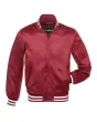 Cardinal Striped Satin Bomber Jacket: Front view showcasing the bold cardinal red satin fabric with contrasting stripes on cuffs and hem, featuring a stylish bomber design.