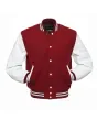 Cardinal Wool Body American Varsity Jacket with White Leather Sleeves - Front View