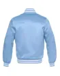 Columbia Blue Striped Satin Bomber Jacket: Back view displaying the columbia blue satin fabric and the jacket's design elements from behind, featuring its distinct stripes.