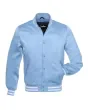 Columbia Blue Striped Satin Bomber Jacket: Front view showcasing the vibrant Columbia blue satin fabric with contrasting stripes on cuffs and hem, featuring a stylish bomber design.
