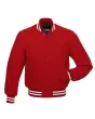 Crimson Classic Wool Varsity Jacket: Front view highlighting the jacket's bold crimson color, classic varsity style, and meticulous detailing for a timeless look.