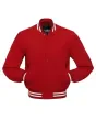 Crimson Classic Wool Varsity Jacket: Front view displaying the vibrant crimson wool and contrasting stripes on cuffs and hem, featuring an embroidered logo on the chest.