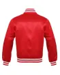 Crimson Red Striped Satin Bomber Jacket: Back view displaying the crimson red satin fabric and the jacket's design elements from behind, featuring its stylish stripes.
