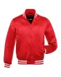 Crimson Red Striped Satin Bomber Jacket: Front view showcasing the vibrant crimson red satin fabric with contrasting stripes on cuffs and hem, featuring a stylish bomber design.