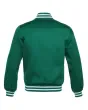 Forest Green Striped Satin Bomber Jacket: Back view displaying the forest green satin fabric and the jacket's design elements from behind, featuring its distinct stripes.