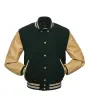 Forest Green Wool Body American Varsity Jacket with Tan Leather Sleeves - Front View