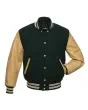 Tan Leather Sleeves American Varsity Jacket - Front View