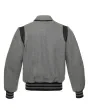 Back side view of Grey Retro Varsity Jacket showcasing the clean design with lightweight lining and classic grey wool sleeves.