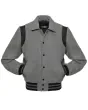 Front view of Grey Retro Varsity Jacket featuring a retro collar, sleek grey wool body and sleeves, accented by contrasting black leather shoulder inserts.