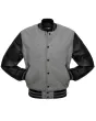 Grey Wool Body American Varsity Jacket with Black Leather Sleeves - Front View