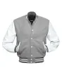 Grey Wool Body American Varsity Jacket with White Leather Sleeves - Front View