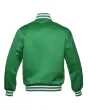 Kelly Green Striped Satin Bomber Jacket: Back view displaying the kelly green satin fabric and the jacket's design elements from behind, featuring its distinct stripes.