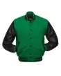 Kelly Green Wool and Black Leather American Varsity Jacket - Front View