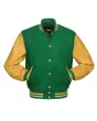 Kelly Green Wool and Gold Leather American Varsity Jacket - Front View