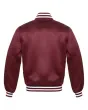 Maroon Striped Satin Bomber Jacket: Back view displaying the maroon satin fabric and the jacket's design elements from behind, featuring its distinct stripes.