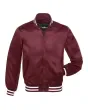 Maroon Striped Satin Bomber Jacket: Front view showcasing the elegant maroon satin fabric with contrasting stripes on cuffs and hem, featuring a stylish bomber design.