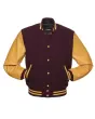 Maroon Wool Body American Varsity Jacket with Gold Leather Sleeves - Front View