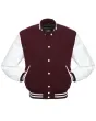 Maroon Wool Body American Varsity Jacket with White Leather Sleeves - Front View