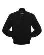 Midnight Classic Wool Varsity Jacket: Front view showcasing sleek, midnight-colored wool with contrasting stripes on cuffs and hem. Logo embroidered on the chest.