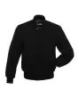Midnight Classic Wool Varsity Jacket: Front side view revealing the profile of the jacket with a focus on the sleeve, highlighting the classic striped detailing.