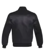 Midnight Monochrome Satin Bomber Jacket: Back view displaying the monochrome satin fabric, providing a glimpse of the jacket's design and detailing from behind.
