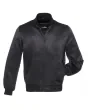 Midnight Monochrome Satin Bomber Jacket: Front view showcasing the sleek midnight-colored satin fabric with minimalistic accents and ribbed cuffs and hem.