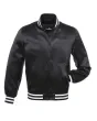 Midnight Monochrome Satin Bomber Jacket: Front view showcasing the sleek midnight-colored satin fabric with minimalistic accents and ribbed cuffs and hem.