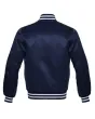 Nautical Navy Blue Striped Satin Bomber Jacket: Back view displaying the navy blue satin fabric and the jacket's design elements from behind, featuring its distinct stripes.