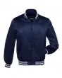 Nautical Navy Blue Striped Satin Bomber Jacket: Front view showcasing the rich navy blue satin fabric with contrasting stripes on cuffs and hem, featuring a stylish bomber design.