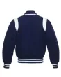 Back side view of Navy Blue Retro Varsity Jacket showcasing the clean design with lightweight lining and classic navy blue wool sleeves.