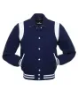 Front view of Navy Blue Retro Varsity Jacket featuring a retro collar, navy blue wool body and sleeves, and contrasting white leather shoulder inserts.