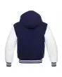 Back side view of Navy Blue and White Varsity Jacket showcasing the clean back design with quilted lining, highlighting the contrast between navy blue wool and white leather sleeves.