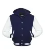 Front view of Navy Blue and White Varsity Jacket featuring a hoodie collar, navy blue wool body, and contrasting white leather sleeves.