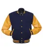 Navy Blue Wool American Varsity Jacket with Gold Vinyl Sleeves - Front View