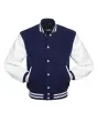 Navy Blue Wool American Varsity Jacket with White Vinyl Sleeves - Front View