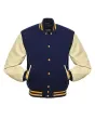 Navy Blue Wool Body American Varsity Jacket with Cream Leather Sleeves - Front View